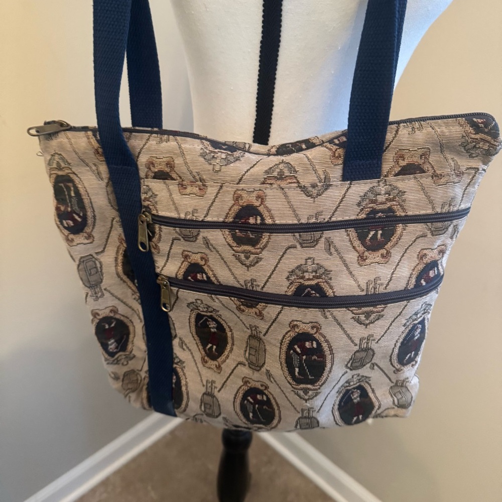 Vintage Golf Tapestry Tote Bag Woven Golfer Print Double Zip Shoulder Purse